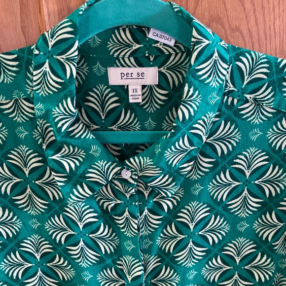 Per Se by Carlisle business casual blouse in vibrant Green Palm leaf Fabric Sz1X - Picture 2 of 11